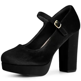 Velvet Ankle Strap Platform Block Heels Mary Janes Pumps for Women