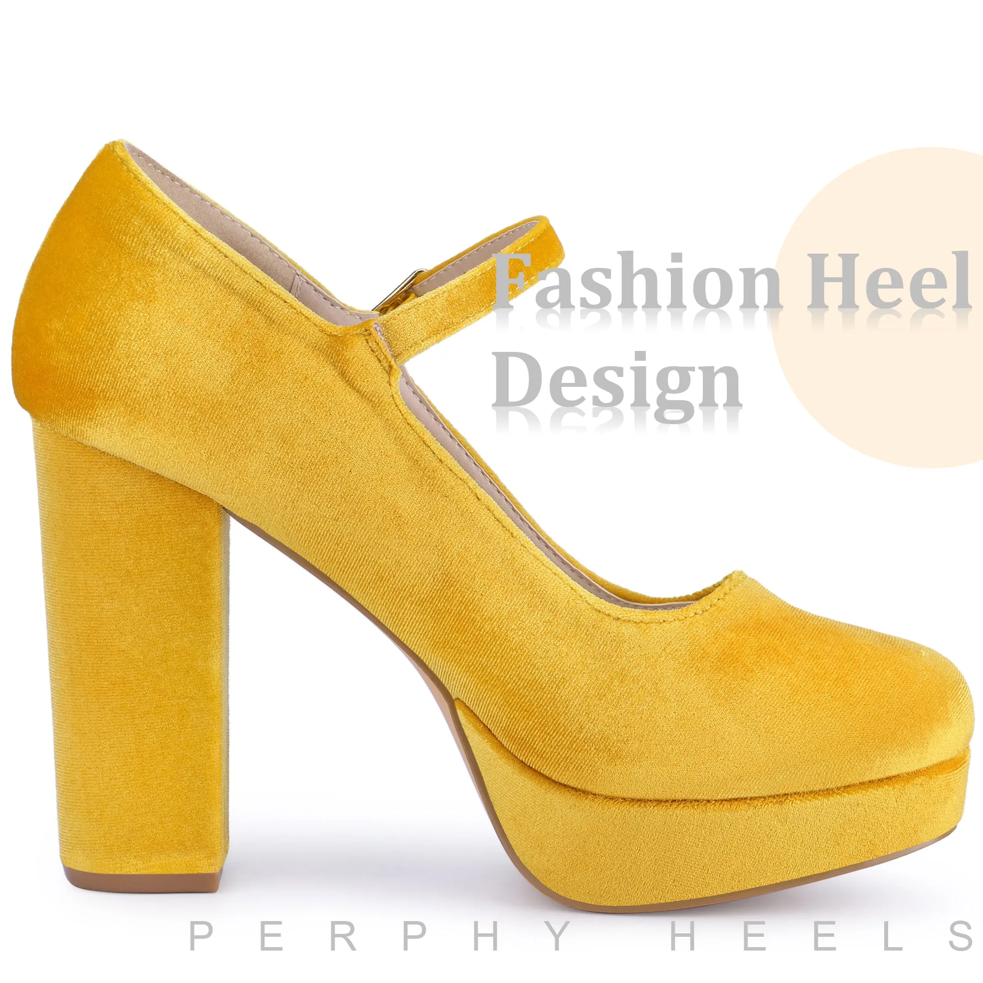 Velvet Ankle Strap Platform Block Heels Mary Janes Pumps for Women