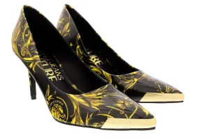 Versace Jeans Couture Black/Gold Baroque Print Cap Toe High Heel Pump
