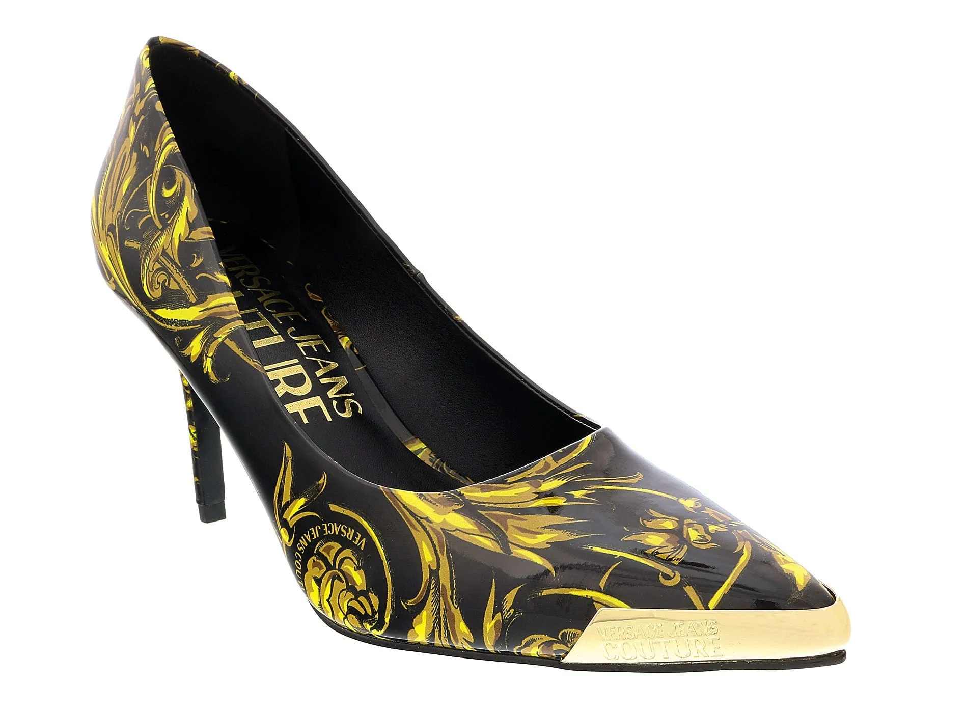 Versace Jeans Couture Black/Gold Baroque Print Cap Toe High Heel Pump