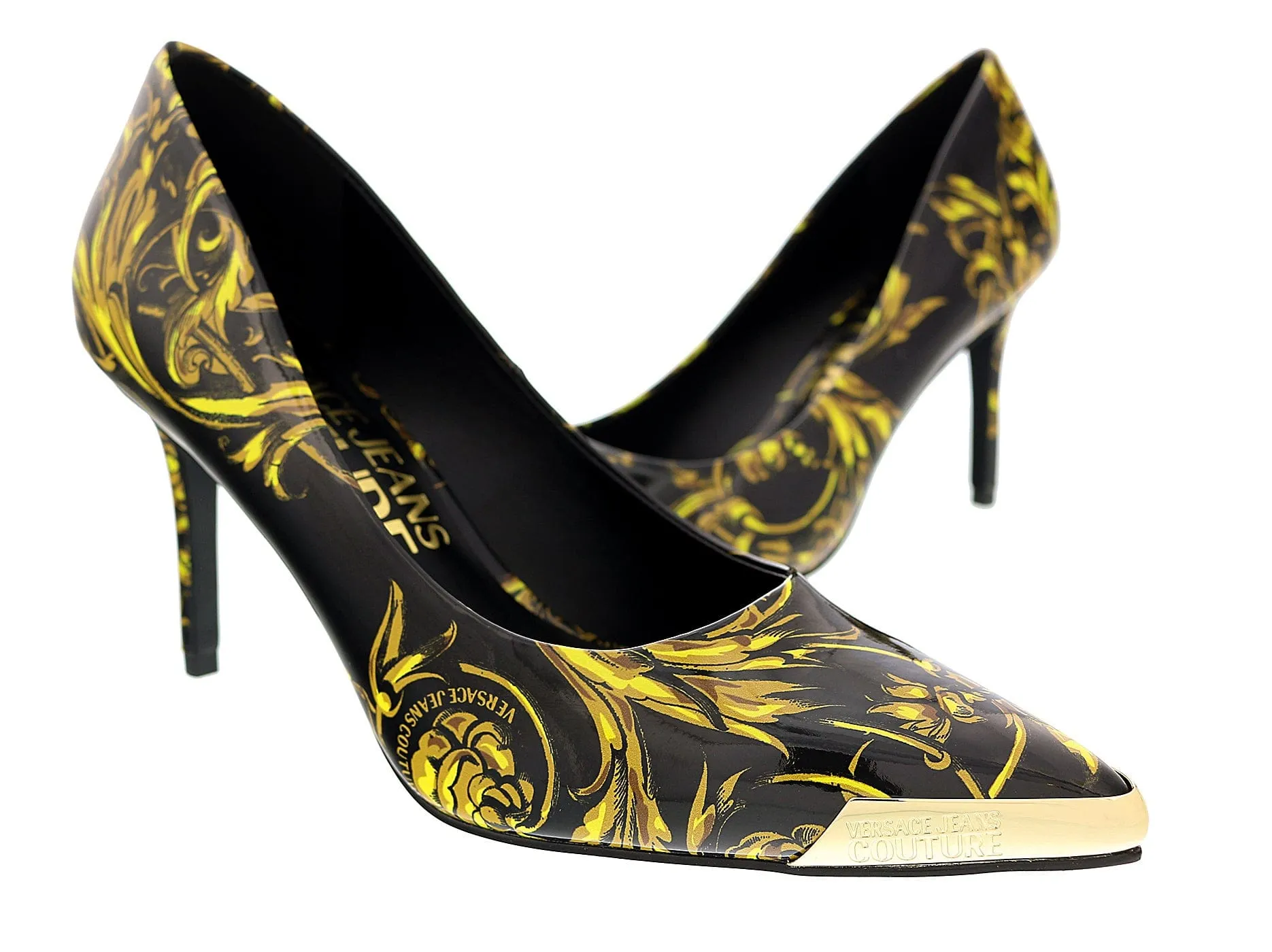 Versace Jeans Couture Black/Gold Baroque Print Cap Toe High Heel Pump