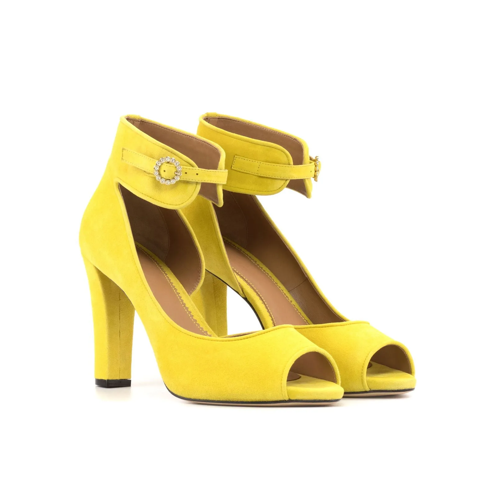 Women's Ibiza Ankle Strap Leather Heels Wide Plus Size Lemon Yellow 5797