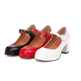 Women's Platform Pumps Glossy Mary Janes Buckle Straps Block Chunky Heel