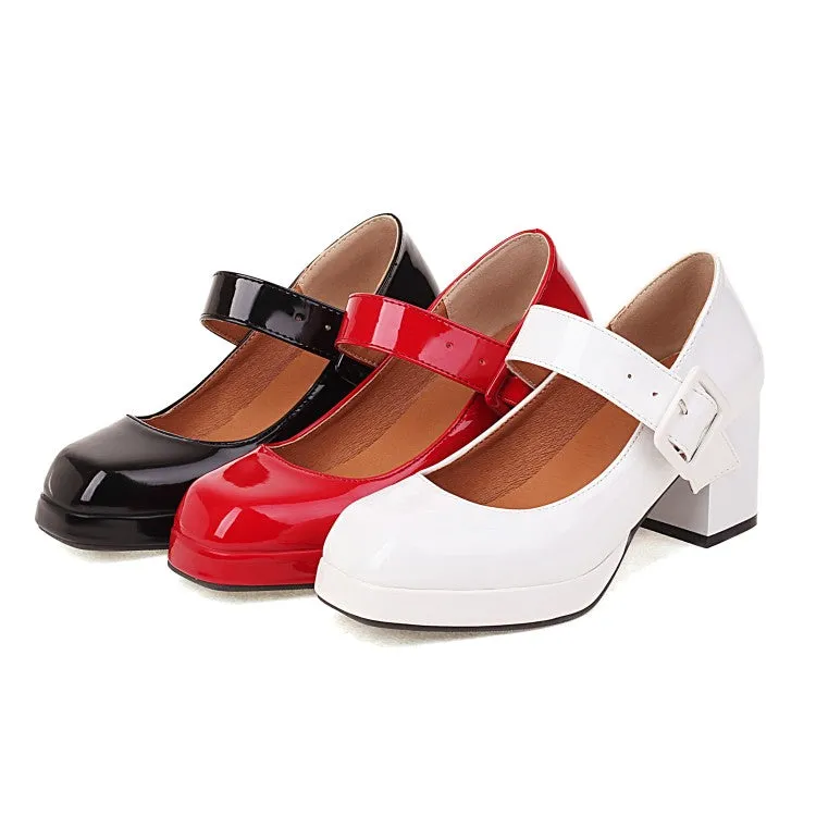 Women's Platform Pumps Glossy Square Toe Mary Janes Buckle Straps Block Chunky Heel