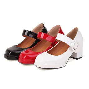 Women's Platform Pumps Glossy Square Toe Mary Janes Buckle Straps Block Chunky Heel