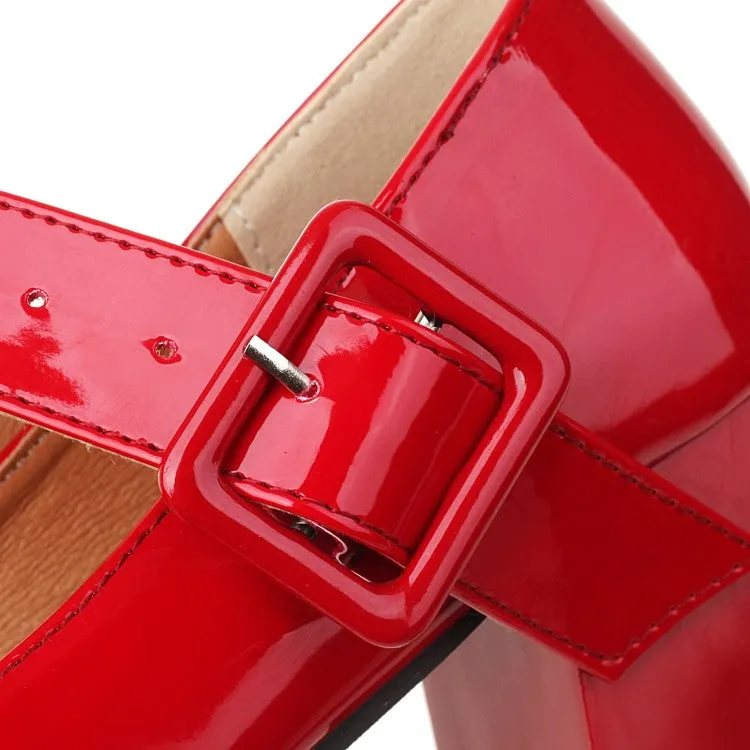 Women's Platform Pumps Glossy Square Toe Mary Janes Buckle Straps Block Chunky Heel