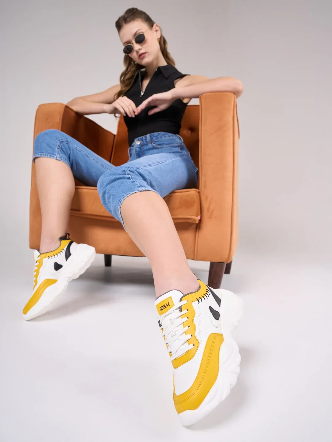 Women's White/Yellow All Seasons Wearing Sneakers (IU1002)