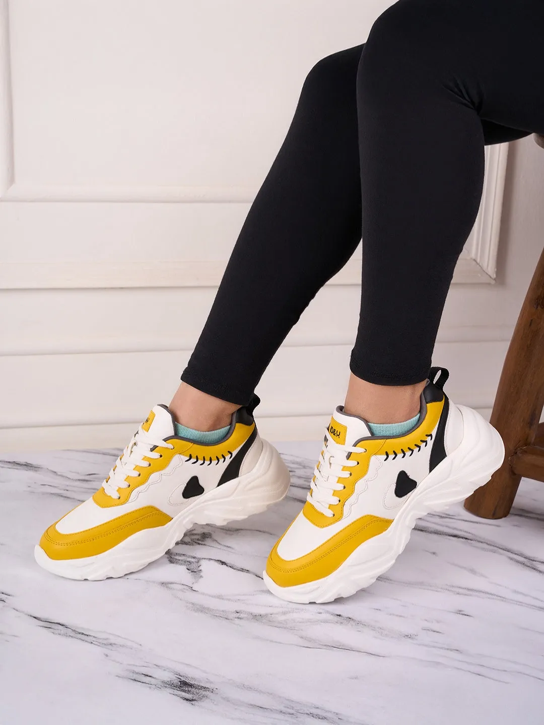 Women's White/Yellow All Seasons Wearing Sneakers (IU1002)